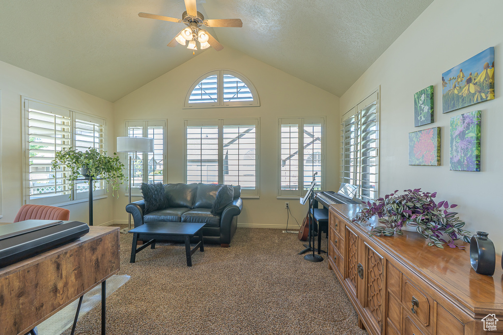 Office featuring a ceiling fan, dark colored carpet, and lofted ceiling