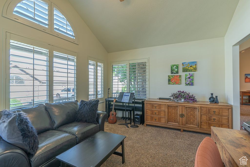 Living area featuring carpet floors, plenty of natural light, and high vaulted ceiling