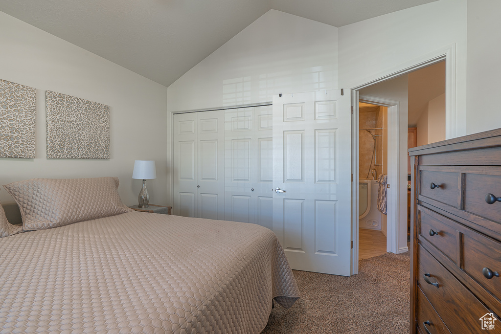 Bedroom featuring light colored carpet, a closet, and vaulted ceiling