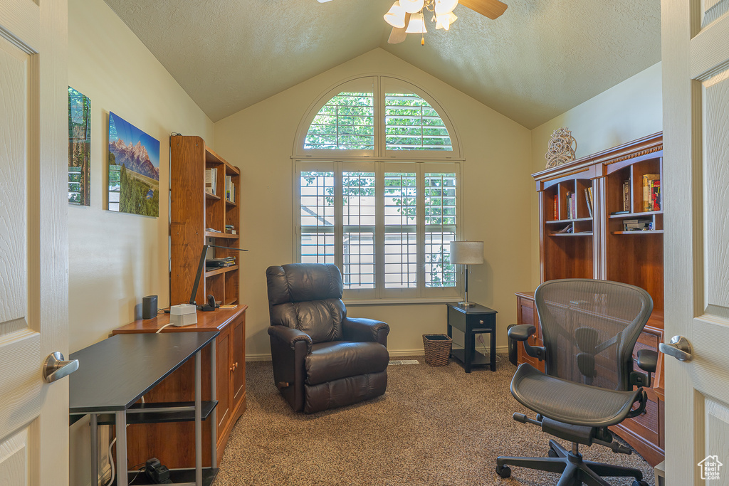 Office with vaulted ceiling, a ceiling fan, carpet, and a textured ceiling