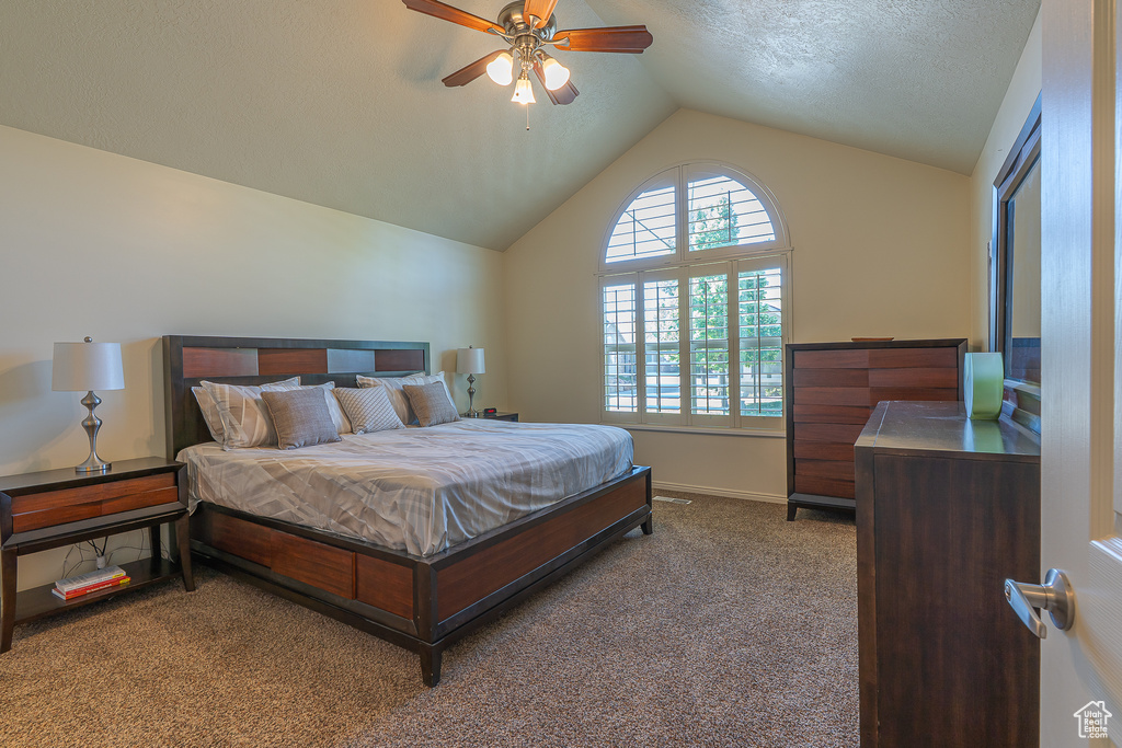 Carpeted bedroom with vaulted ceiling and a ceiling fan