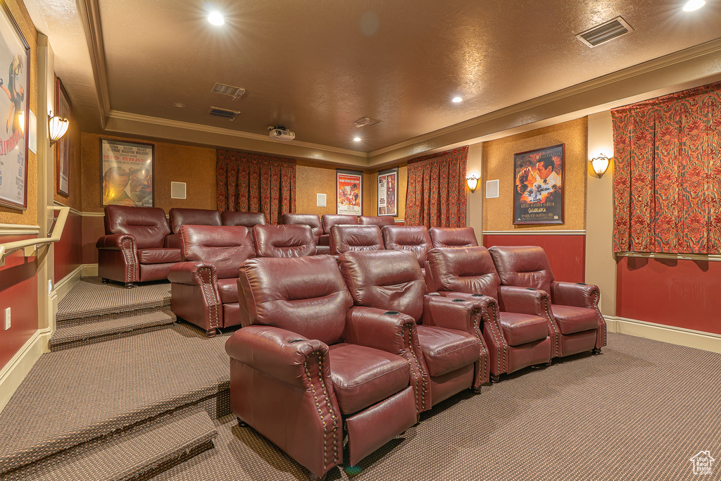 Cinema room featuring carpet floors, ornamental molding, and recessed lighting