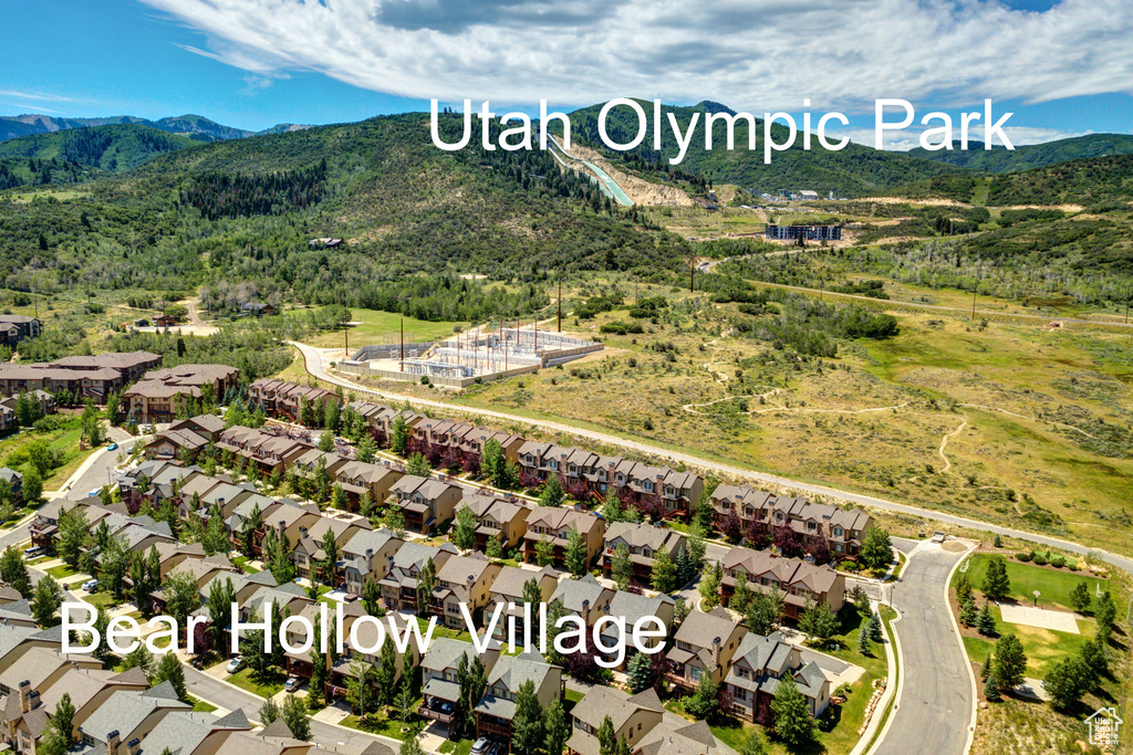 Aerial perspective of suburban area featuring a mountainous background