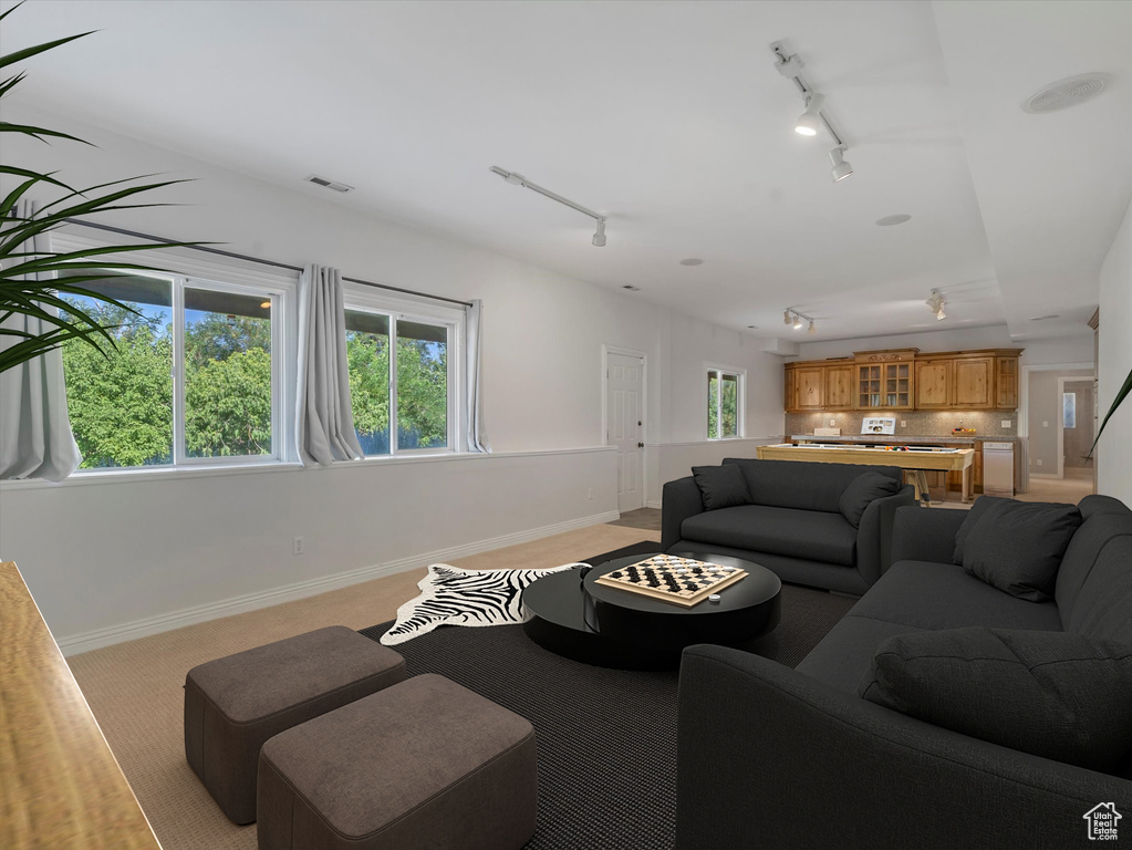 Living room with rail lighting and light colored carpet