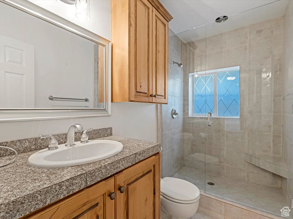 Full bathroom featuring a stall shower and vanity