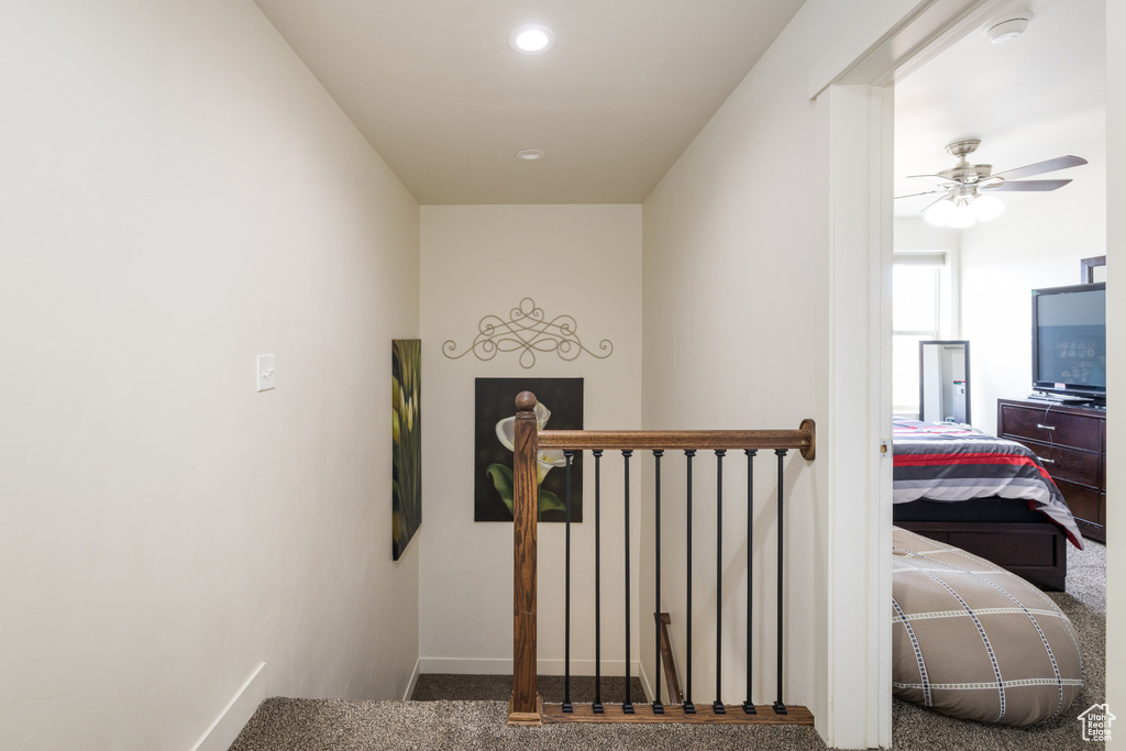 Stairs featuring carpet flooring, ceiling fan, and recessed lighting