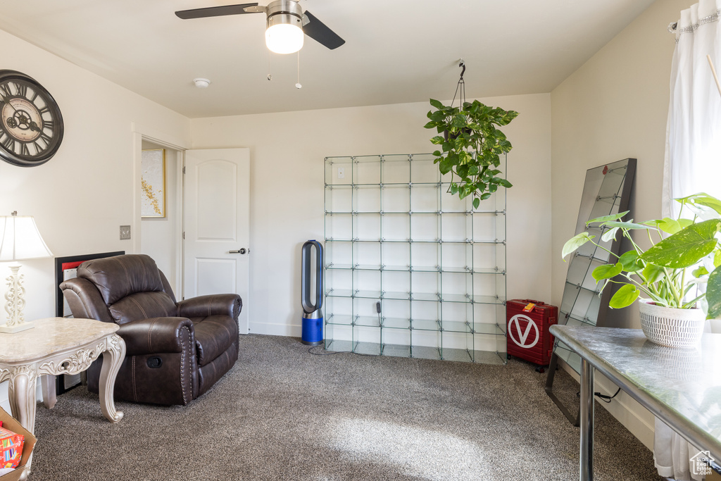 Sitting room featuring carpet and a ceiling fan