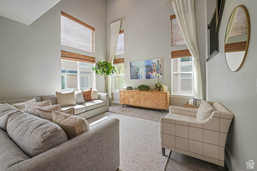Living room with a towering ceiling and carpet floors