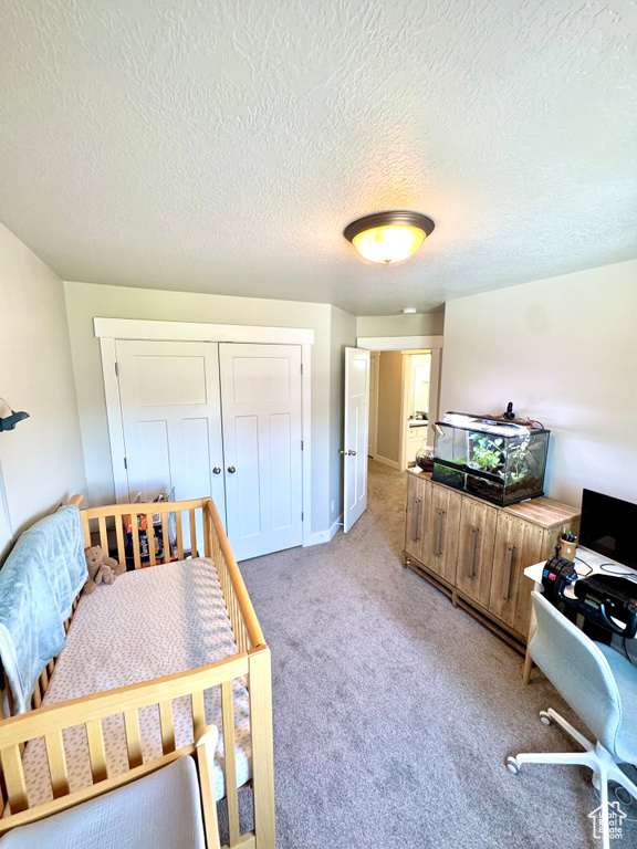 Bedroom with light colored carpet, a textured ceiling, and a closet