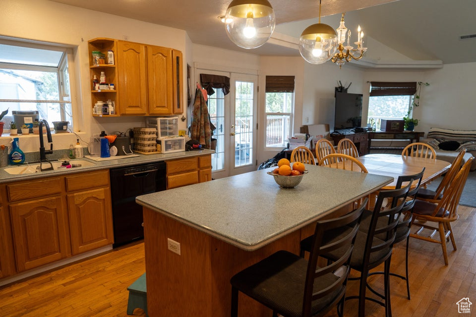 Kitchen featuring dishwasher, light wood-style flooring, healthy amount of natural light, and light countertops
