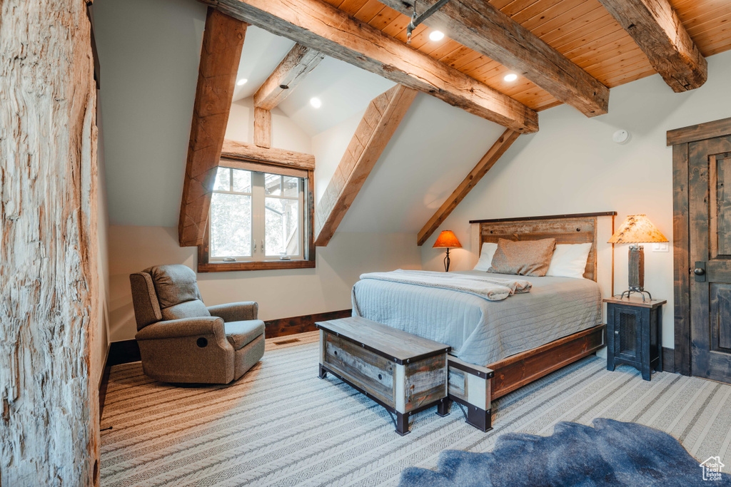Bedroom with wooden ceiling and recessed lighting