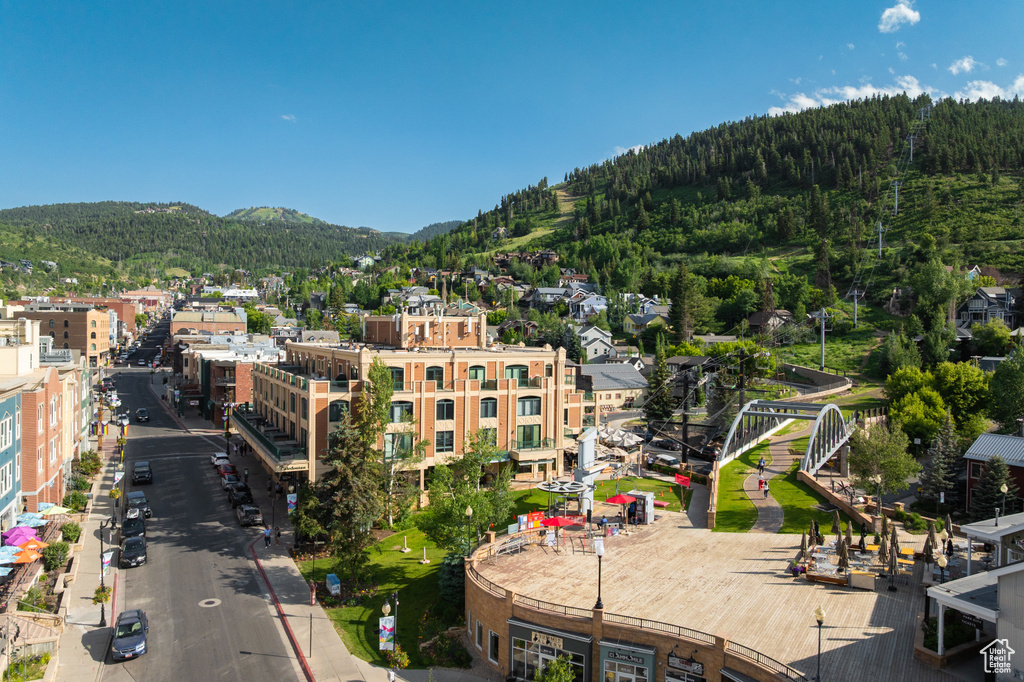 Drone / aerial view of a mountainous background and a forest