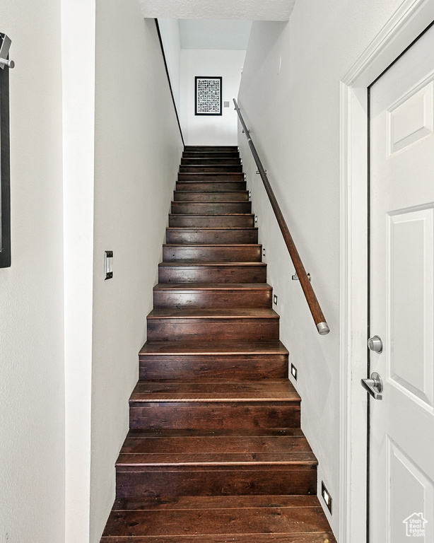 Staircase with hardwood / wood-style flooring
