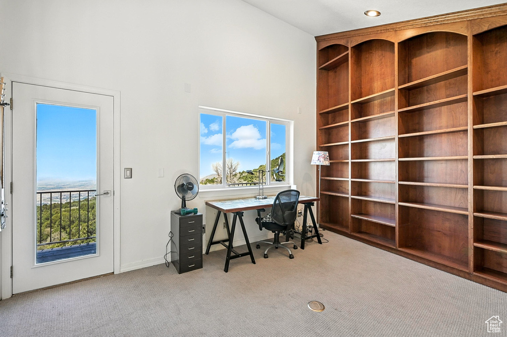 Office area with carpet and a high ceiling