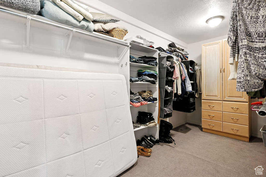 Spacious closet with light colored carpet