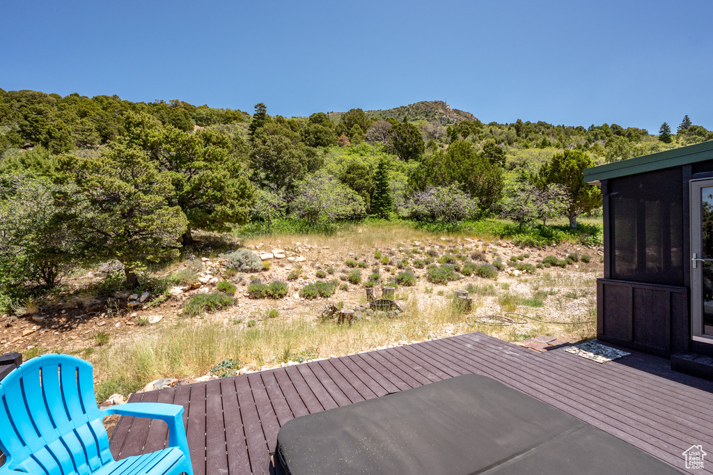 Wooden deck with a wooded view