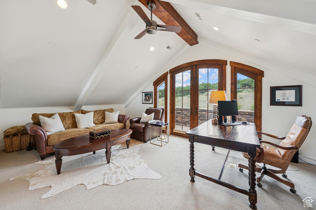 Office area featuring light carpet, french doors, ceiling fan, and recessed lighting