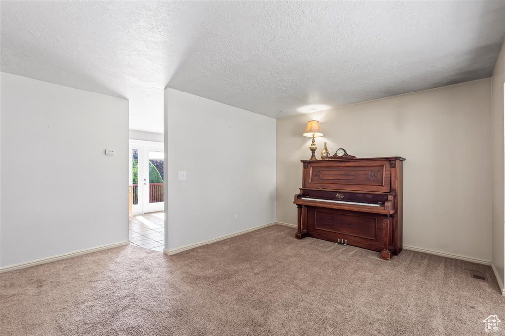 Living area with light carpet and a textured ceiling