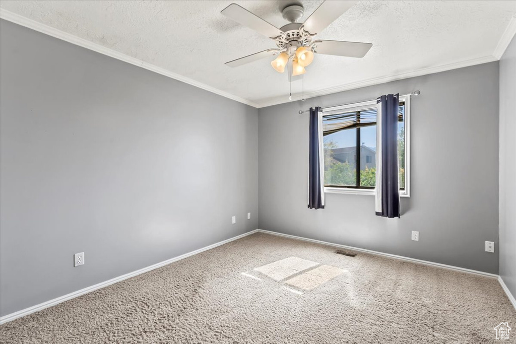 Unfurnished room with ceiling fan, a textured ceiling, carpet flooring, and crown molding