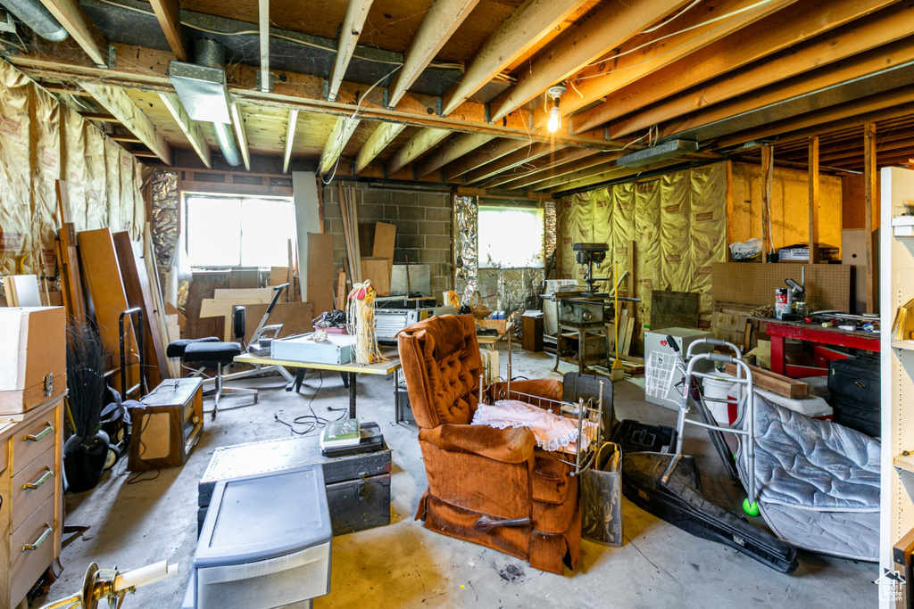 Basement with a workshop area