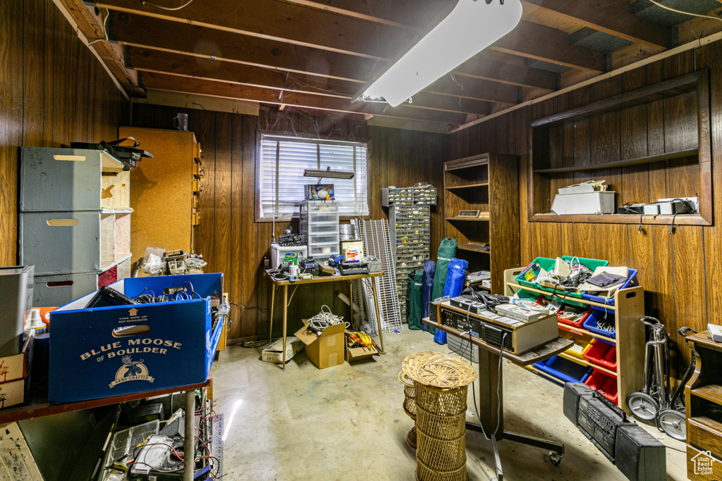 Below grade area with wooden walls
