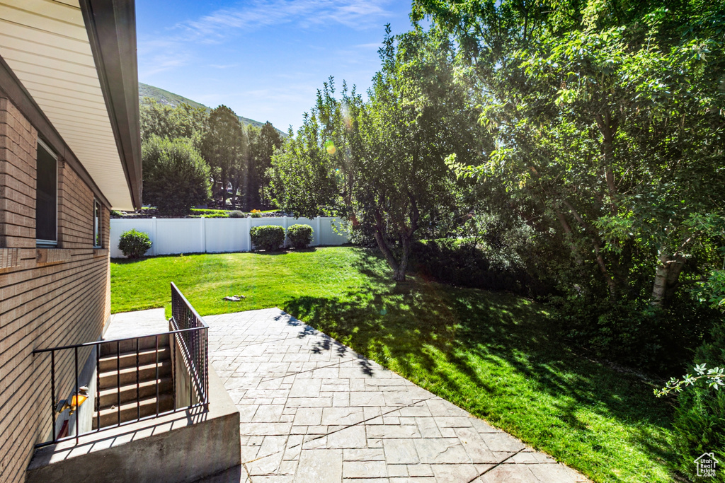 Fenced backyard featuring a patio area and a mountain view