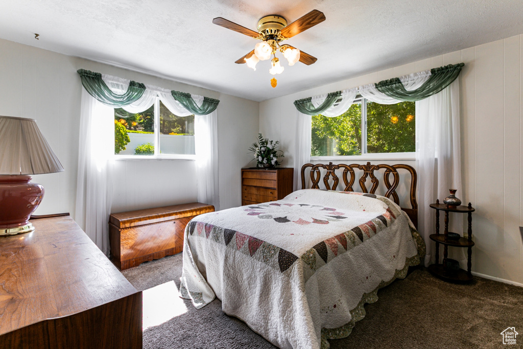 Bedroom with carpet floors, multiple windows, and a ceiling fan