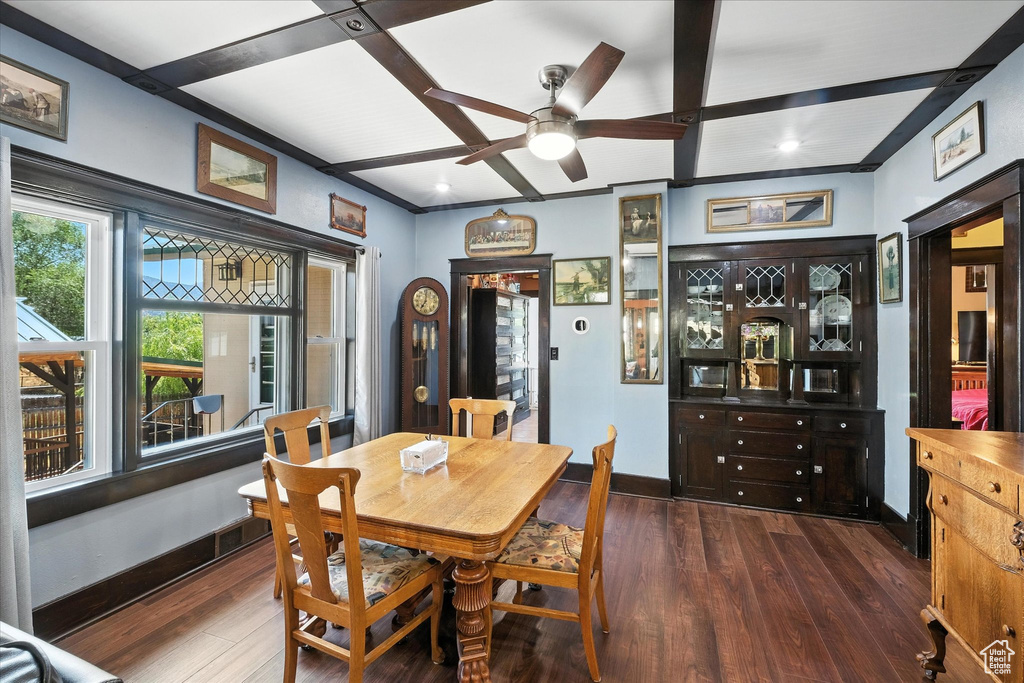 Dining area featuring wood finished floors, ceiling fan, and beam ceiling
