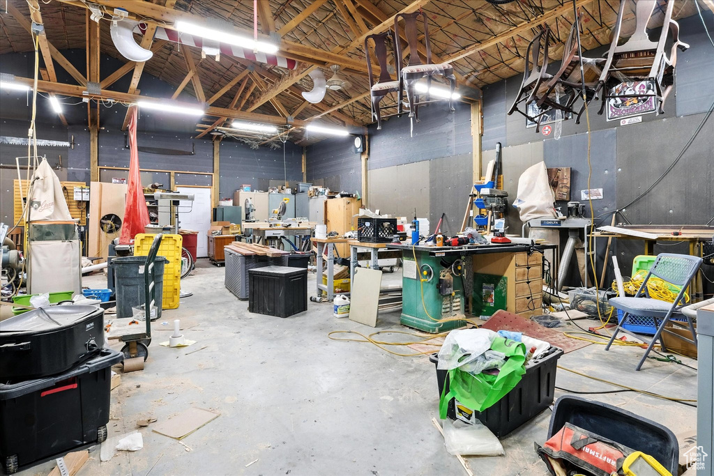 Garage with a workshop area