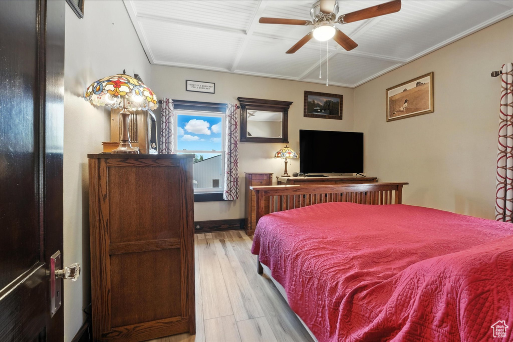 Bedroom featuring light wood-style floors and ceiling fan