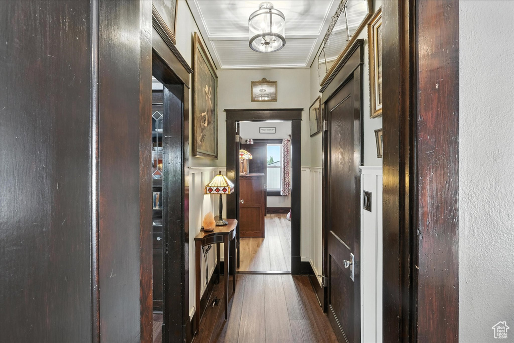 Hall with dark wood-style floors, a wainscoted wall, and a chandelier