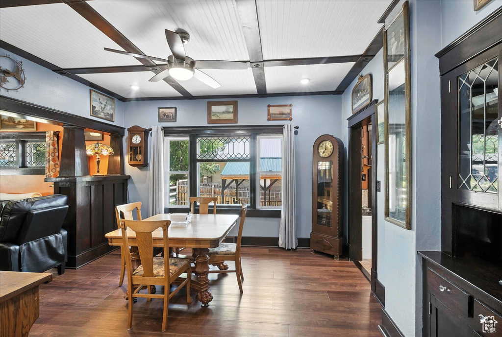 Dining space with a ceiling fan and dark wood finished floors