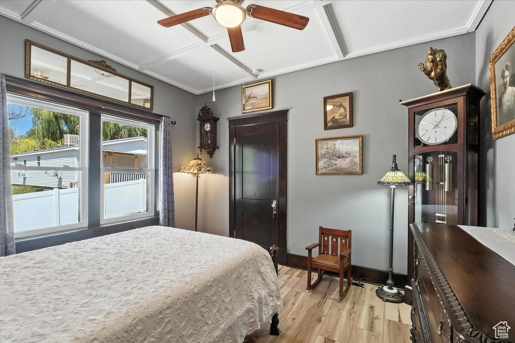 Bedroom with light wood-type flooring and ceiling fan