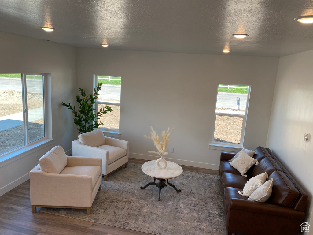 Living area featuring healthy amount of natural light, wood finished floors, a textured ceiling, and recessed lighting
