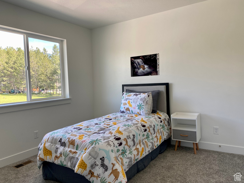 Carpeted bedroom with multiple windows