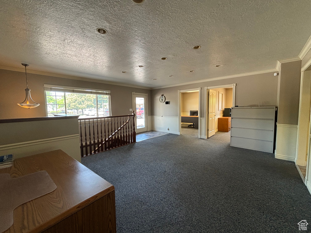 Carpeted living area with crown molding and a textured ceiling