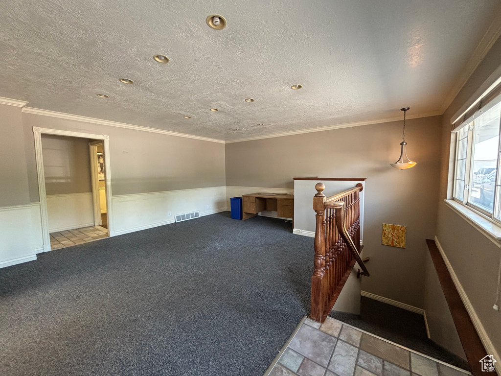 Carpeted spare room with a textured ceiling, ornamental molding, and wainscoting