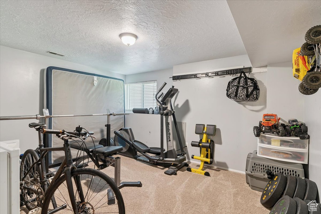 Workout area with carpet floors and a textured ceiling