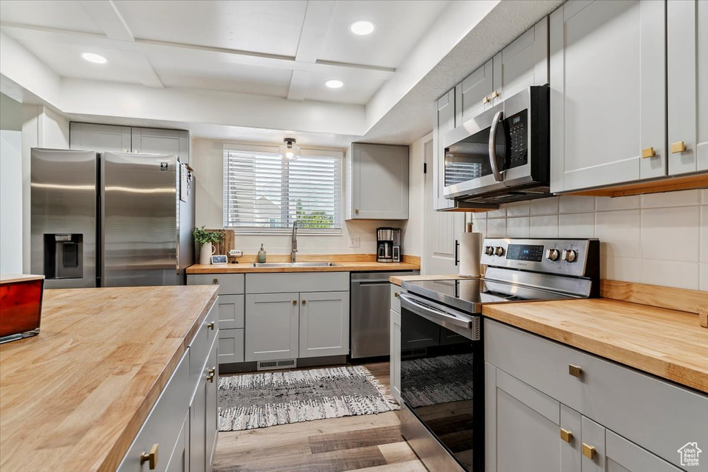 Kitchen featuring butcher block countertops, stainless steel appliances, gray cabinets, wood finished floors, and tasteful backsplash