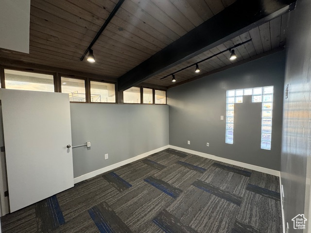 Unfurnished room with rail lighting, carpet floors, wood ceiling, plenty of natural light, and lofted ceiling