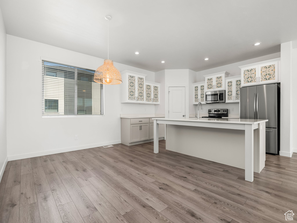 Kitchen with appliances with stainless steel finishes, light wood-style floors, light countertops, recessed lighting, and a kitchen island with sink