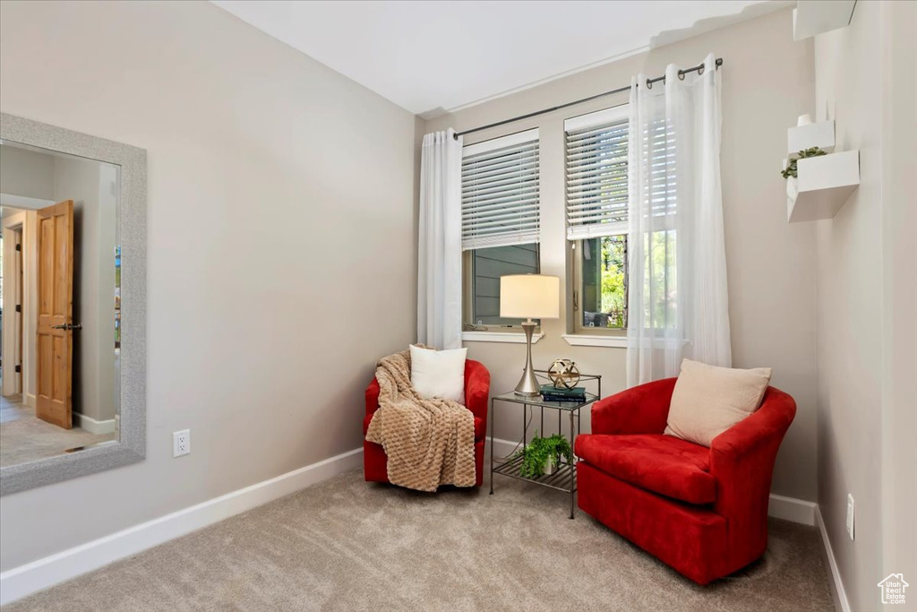 Living area featuring baseboards and carpet floors