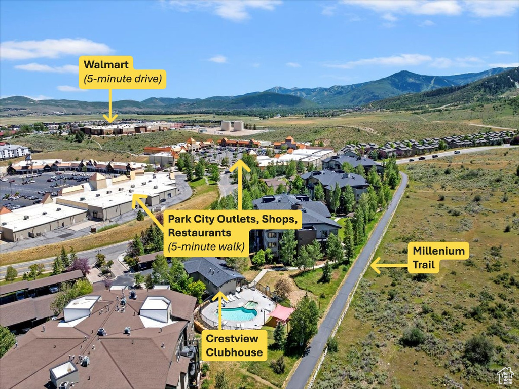 Aerial view of mountains and a pool area