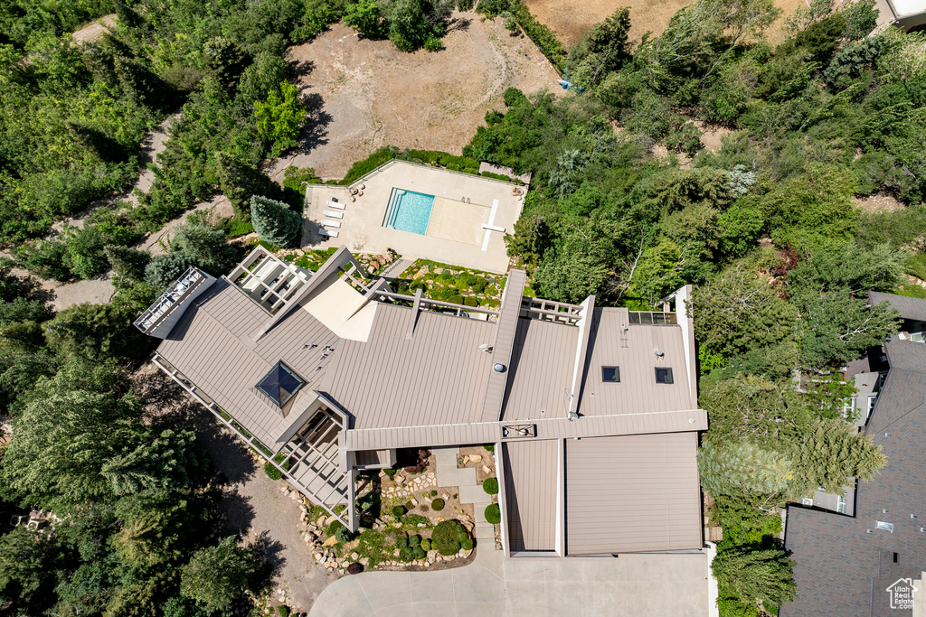 View from above of property with a pool