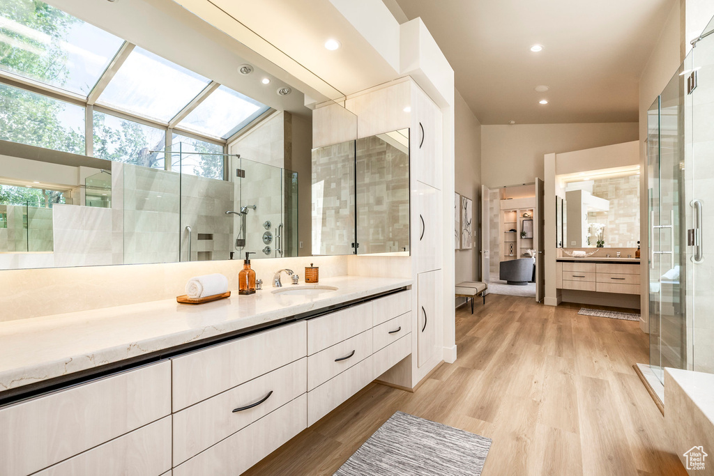 Full bathroom with vanity, wood finished floors, a stall shower, a skylight, and recessed lighting
