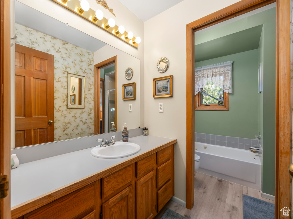 Bathroom featuring vanity, wood finished floors, and a garden tub