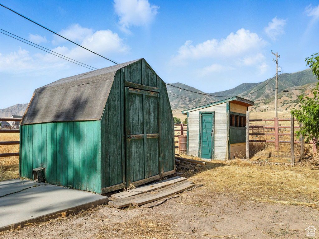 View of shed featuring a mountain view