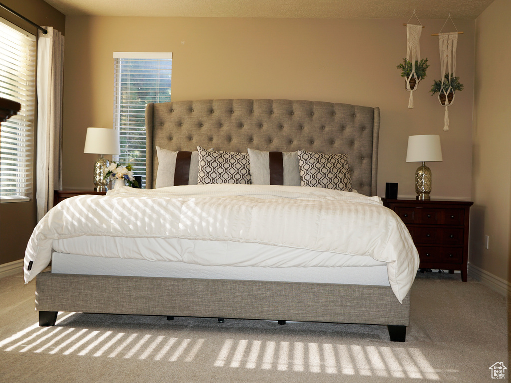 Carpeted bedroom featuring multiple windows
