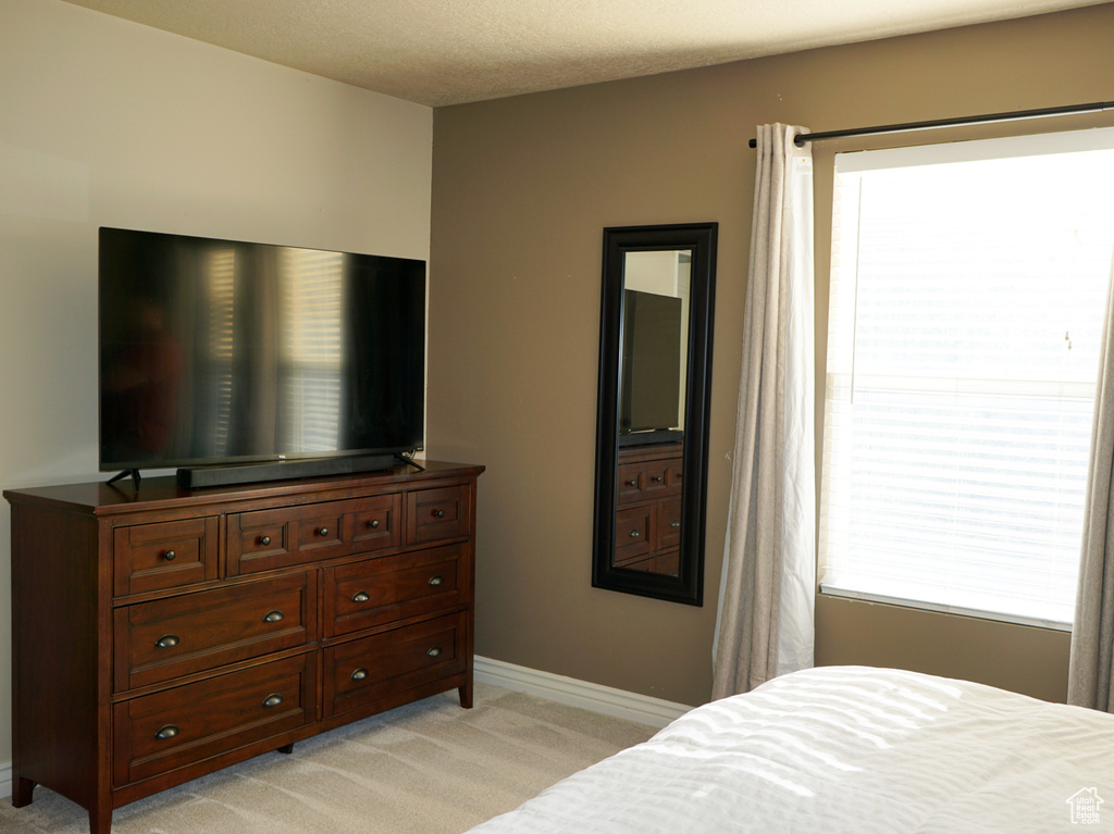 Bedroom with light carpet
