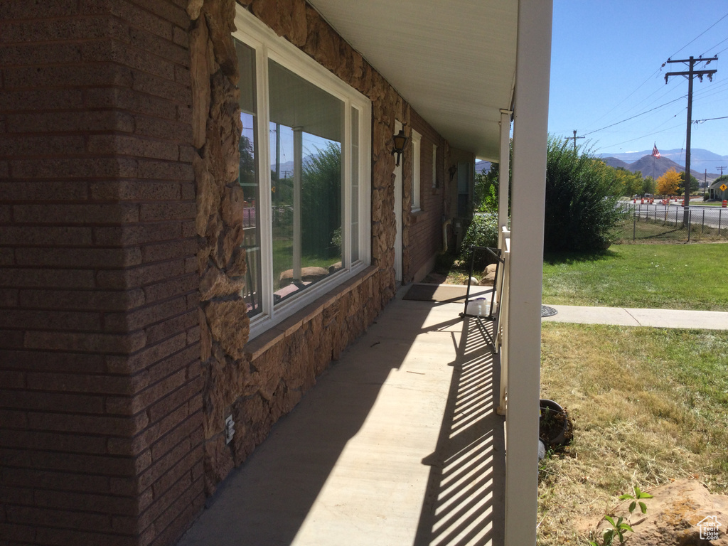 View of patio featuring a mountain view